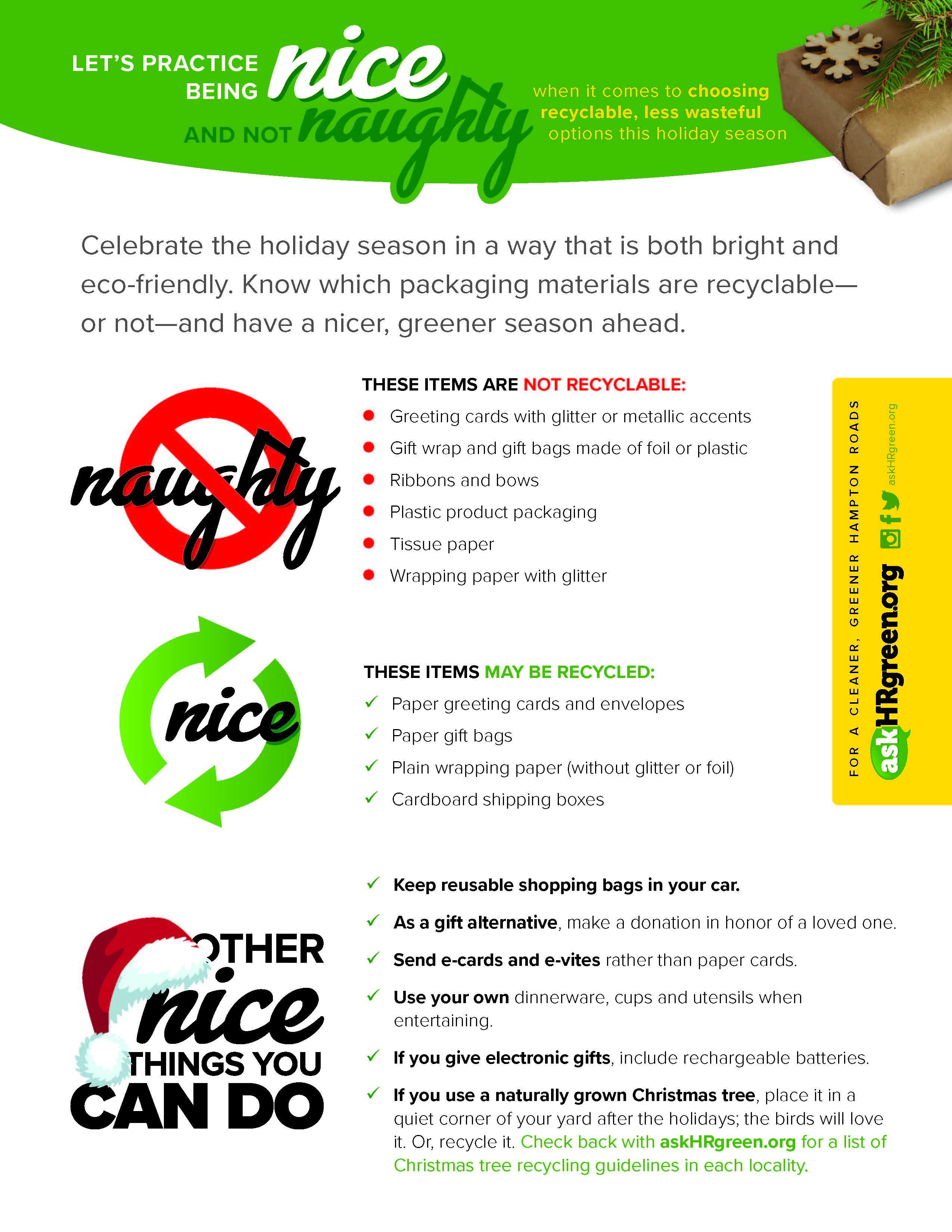 askHRgreen.org Holiday Recycling "Naughty" and "Nice" list